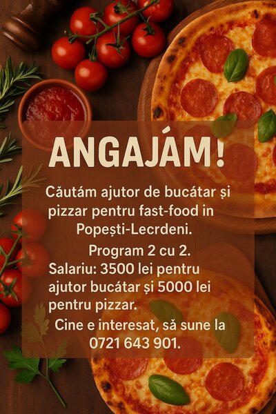Ajutor de bucatar si pizzar pentru fast-food in Popesti-Leordeni,